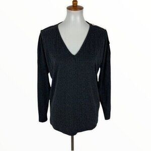 Milan Kiss Ribbed Top‎ Small Gray Long Sleeve Slim Fit Basic V Neck